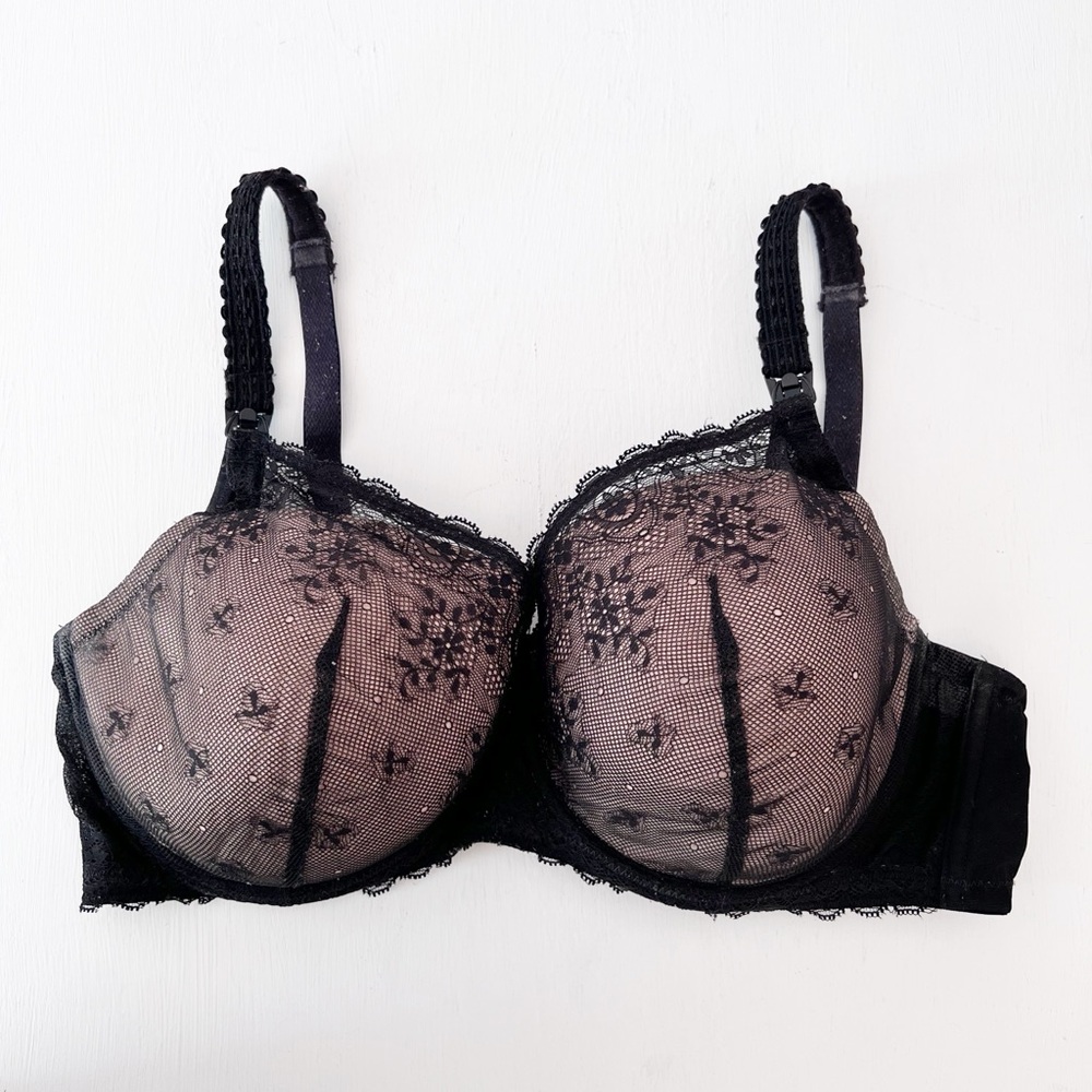 Le Mystere Nursing Bra Black Lace Underwire Drop Down Cups 36DD/E